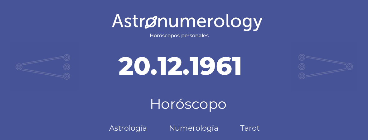 Fecha de nacimiento 20.12.1961 (20 de Diciembre de 1961). Horóscopo.