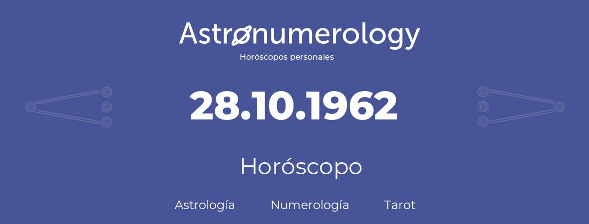 Fecha de nacimiento 28.10.1962 (28 de Octubre de 1962). Horóscopo.