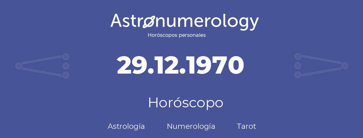 Fecha de nacimiento 29.12.1970 (29 de Diciembre de 1970). Horóscopo.