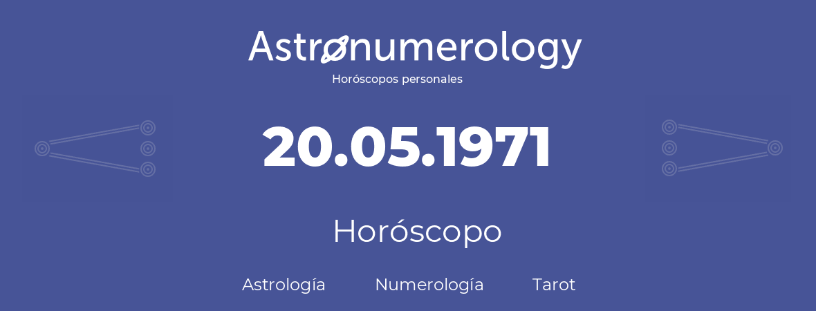 Fecha de nacimiento 20.05.1971 (20 de Mayo de 1971). Horóscopo.