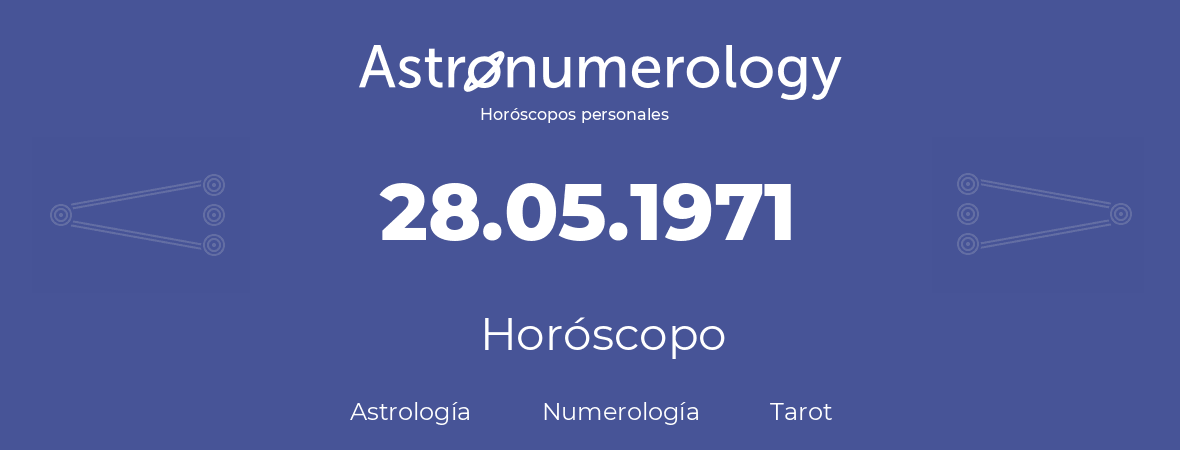 Fecha de nacimiento 28.05.1971 (28 de Mayo de 1971). Horóscopo.