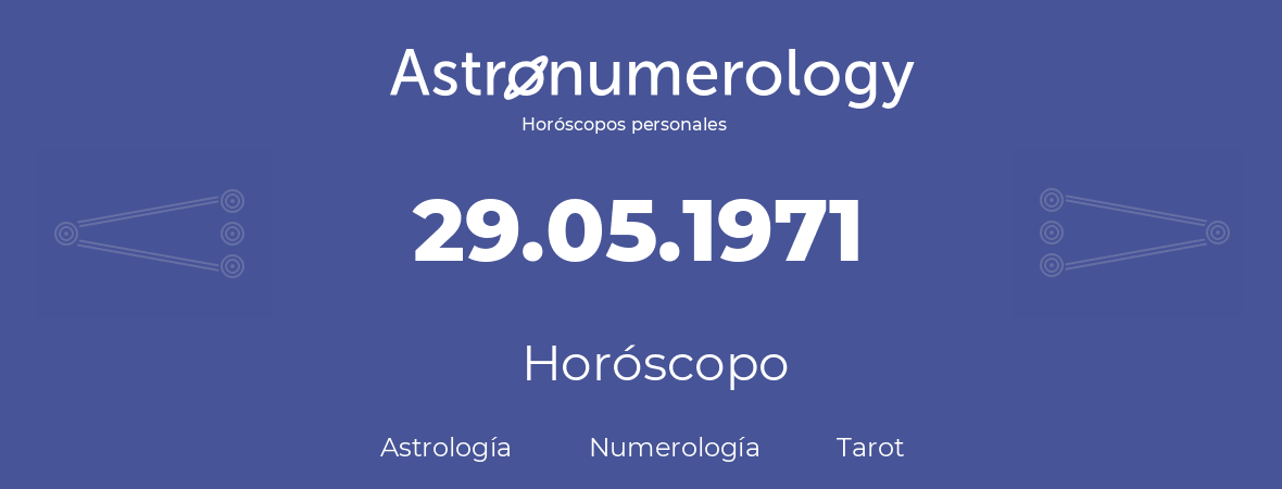 Fecha de nacimiento 29.05.1971 (29 de Mayo de 1971). Horóscopo.