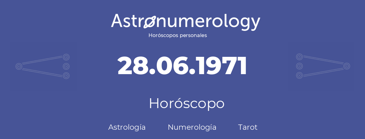 Fecha de nacimiento 28.06.1971 (28 de Junio de 1971). Horóscopo.