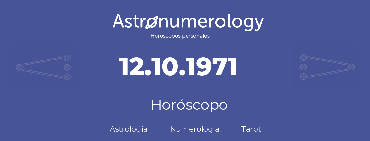 Fecha de nacimiento 12.10.1971 (12 de Octubre de 1971). Horóscopo.