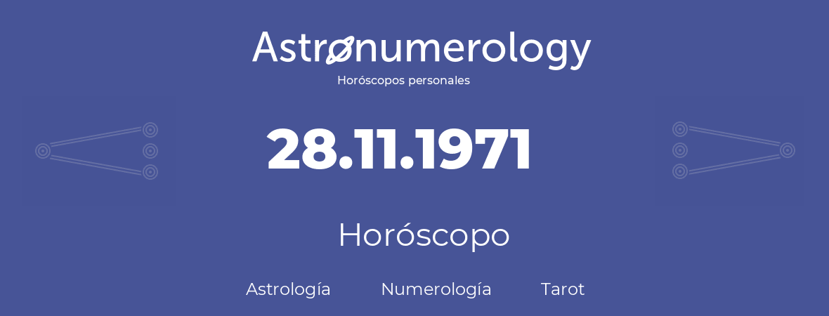 Fecha de nacimiento 28.11.1971 (28 de Noviembre de 1971). Horóscopo.