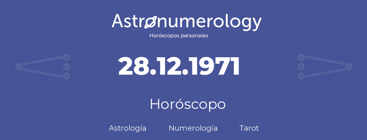 Fecha de nacimiento 28.12.1971 (28 de Diciembre de 1971). Horóscopo.