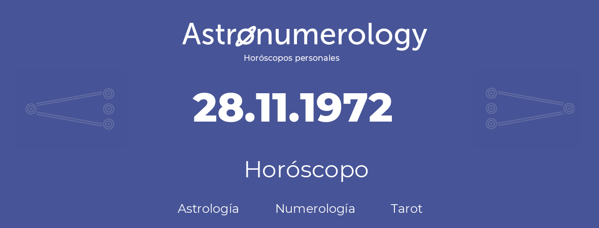 Fecha de nacimiento 28.11.1972 (28 de Noviembre de 1972). Horóscopo.