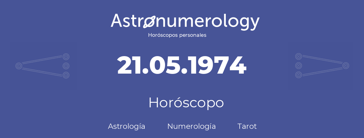 Fecha de nacimiento 21.05.1974 (21 de Mayo de 1974). Horóscopo.