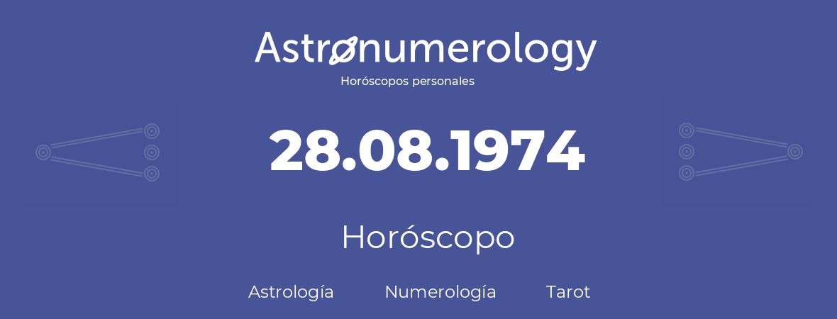 Fecha de nacimiento 28.08.1974 (28 de Agosto de 1974). Horóscopo.