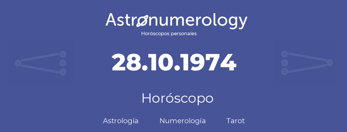 Fecha de nacimiento 28.10.1974 (28 de Octubre de 1974). Horóscopo.