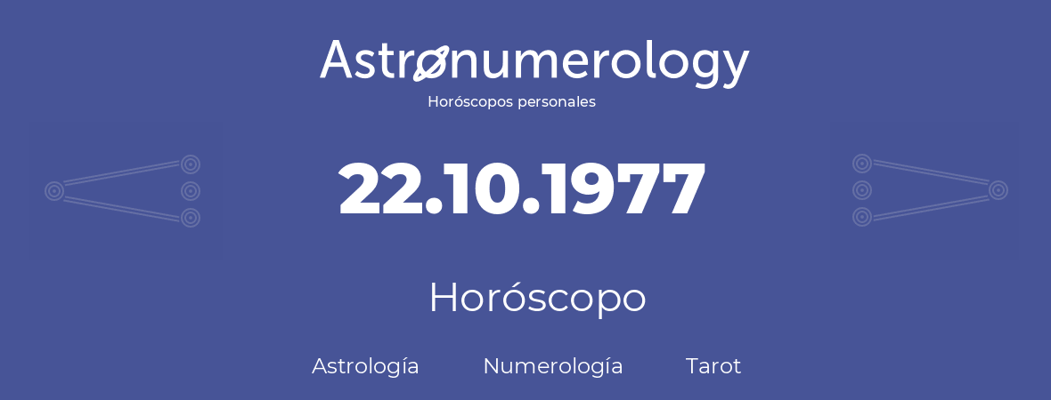 Fecha de nacimiento 22.10.1977 (22 de Octubre de 1977). Horóscopo.
