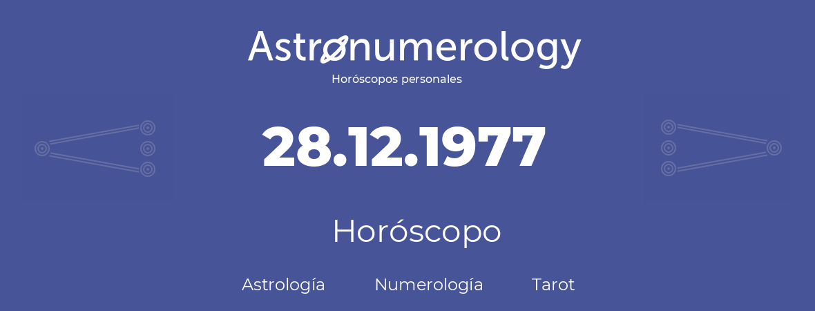 Fecha de nacimiento 28.12.1977 (28 de Diciembre de 1977). Horóscopo.