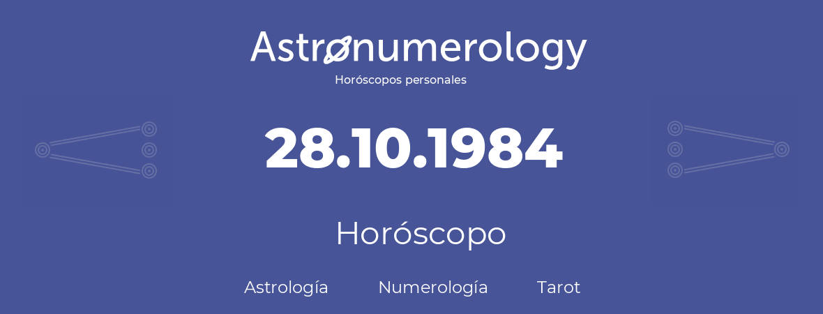 Fecha de nacimiento 28.10.1984 (28 de Octubre de 1984). Horóscopo.