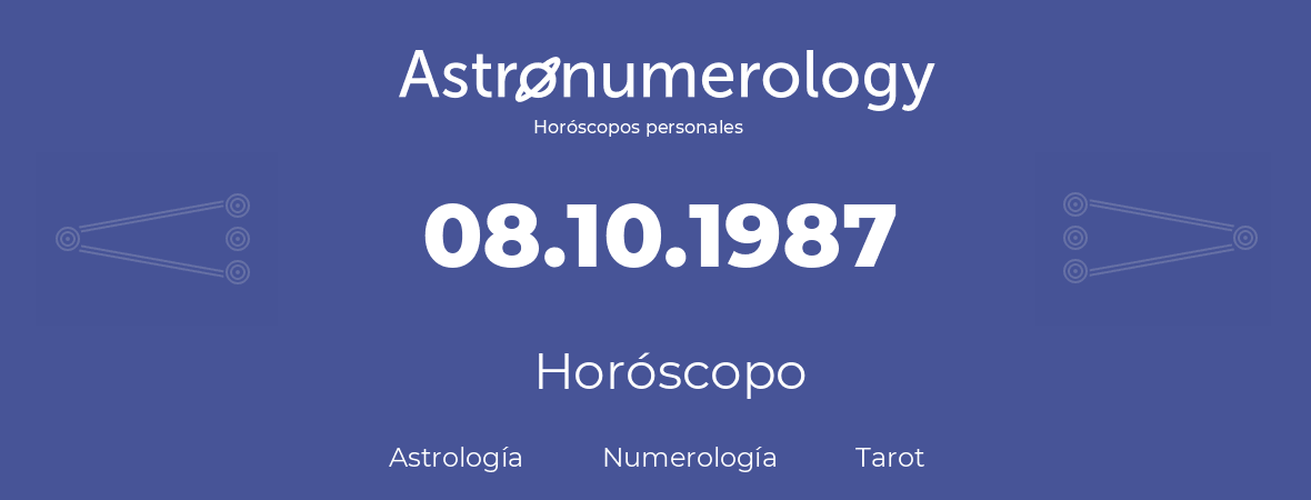Fecha de nacimiento 08.10.1987 (8 de Octubre de 1987). Horóscopo.