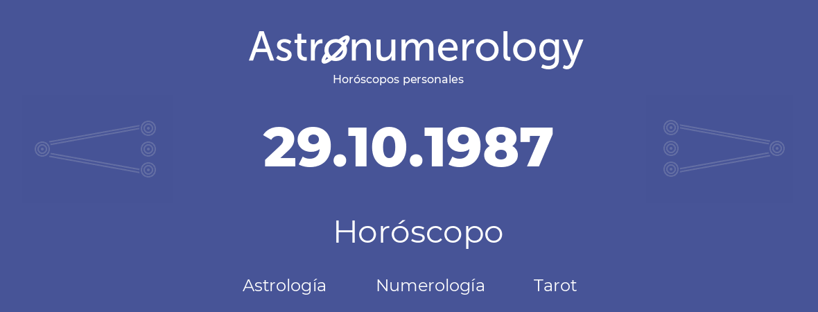 Fecha de nacimiento 29.10.1987 (29 de Octubre de 1987). Horóscopo.