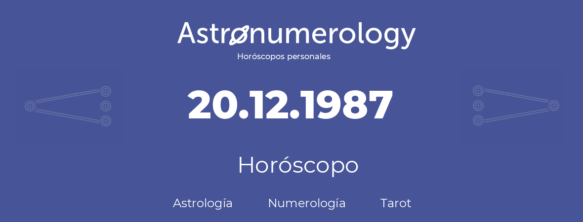 Fecha de nacimiento 20.12.1987 (20 de Diciembre de 1987). Horóscopo.