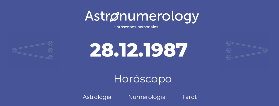 Fecha de nacimiento 28.12.1987 (28 de Diciembre de 1987). Horóscopo.