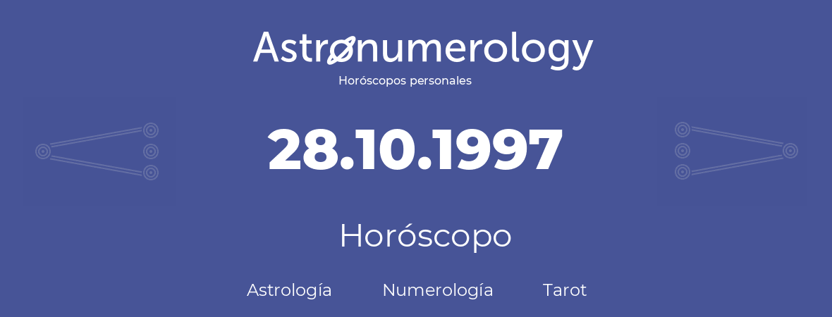 Fecha de nacimiento 28.10.1997 (28 de Octubre de 1997). Horóscopo.