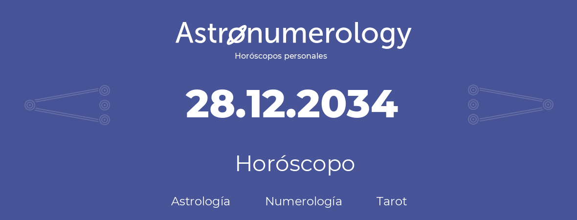 Fecha de nacimiento 28.12.2034 (28 de Diciembre de 2034). Horóscopo.