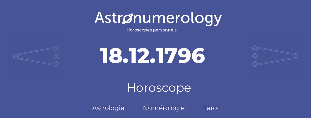Horoscope pour anniversaire (jour de naissance): 18.12.1796 (18 Décembre 1796)