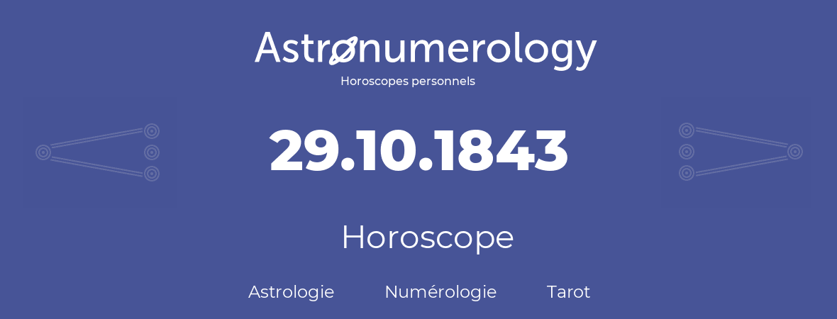 Horoscope pour anniversaire (jour de naissance): 29.10.1843 (29 Octobre 1843)