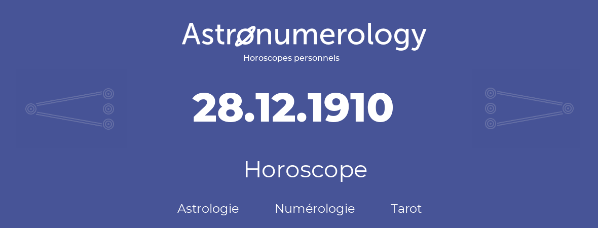 Horoscope pour anniversaire (jour de naissance): 28.12.1910 (28 Décembre 1910)