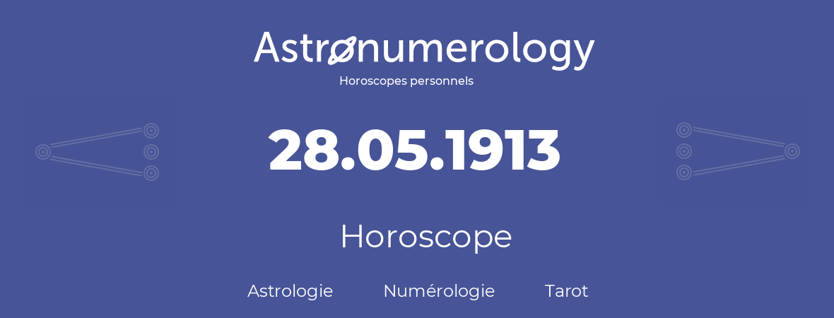 Horoscope pour anniversaire (jour de naissance): 28.05.1913 (28 Mai 1913)