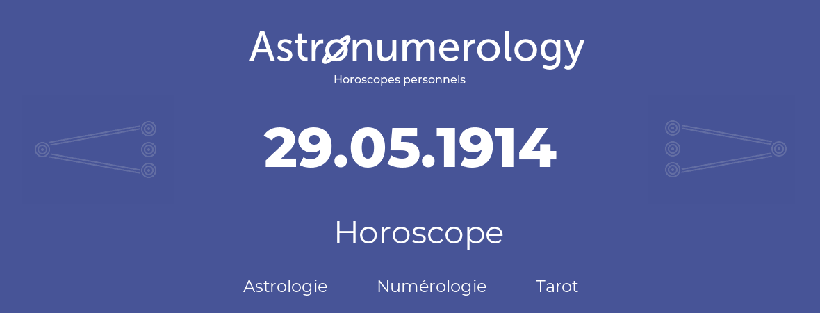 Horoscope pour anniversaire (jour de naissance): 29.05.1914 (29 Mai 1914)