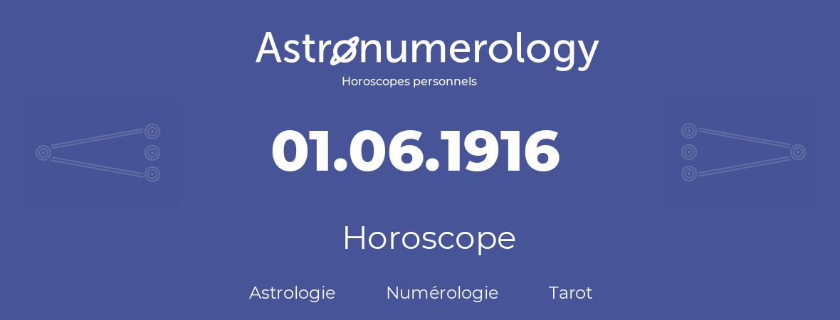 Horoscope pour anniversaire (jour de naissance): 01.06.1916 (01 Juin 1916)