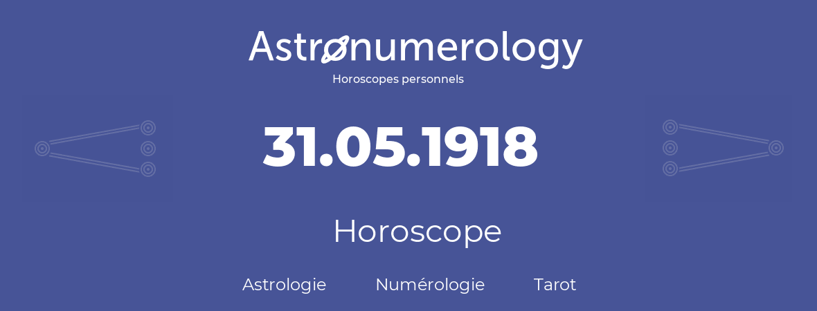Horoscope pour anniversaire (jour de naissance): 31.05.1918 (31 Mai 1918)