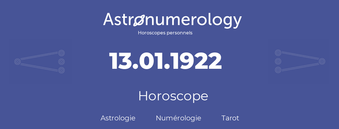 Horoscope pour anniversaire (jour de naissance): 13.01.1922 (13 Janvier 1922)