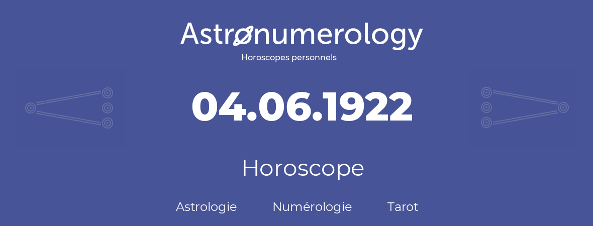 Horoscope pour anniversaire (jour de naissance): 04.06.1922 (4 Juin 1922)
