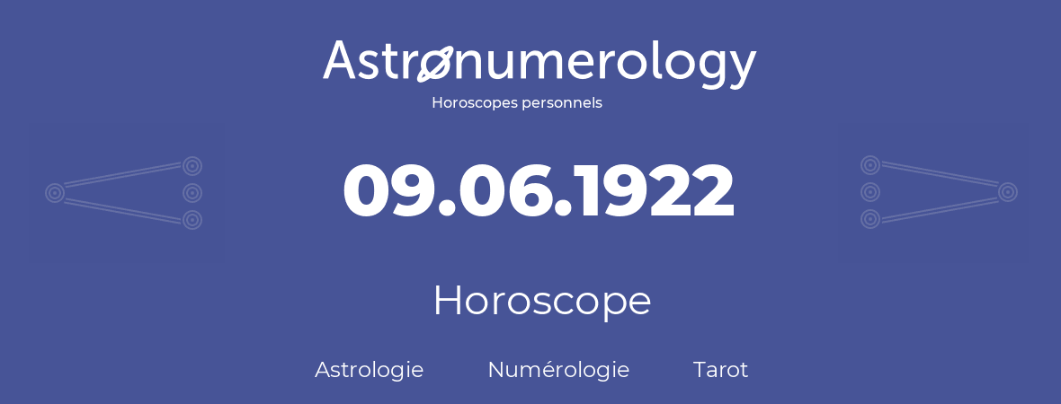 Horoscope pour anniversaire (jour de naissance): 09.06.1922 (9 Juin 1922)