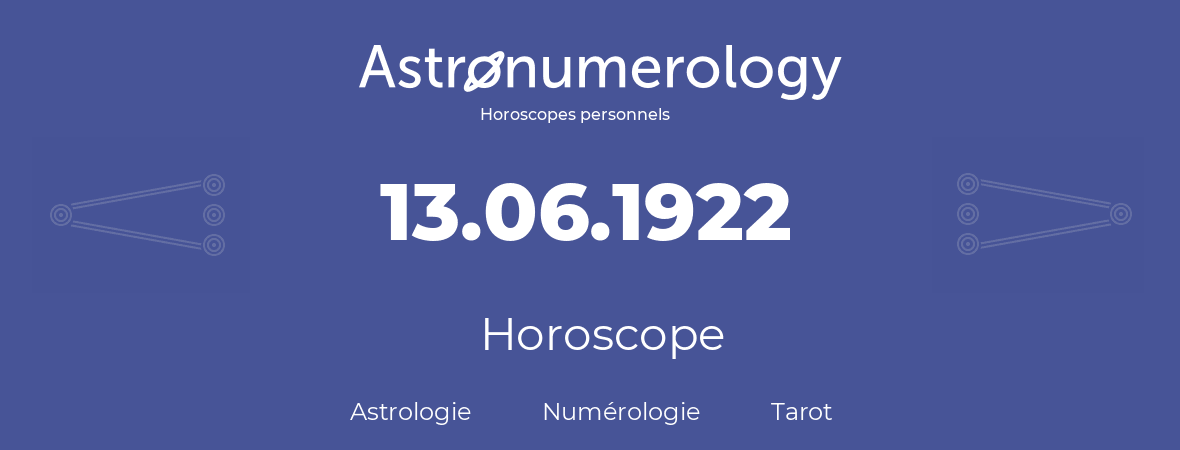 Horoscope pour anniversaire (jour de naissance): 13.06.1922 (13 Juin 1922)