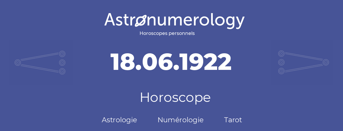 Horoscope pour anniversaire (jour de naissance): 18.06.1922 (18 Juin 1922)