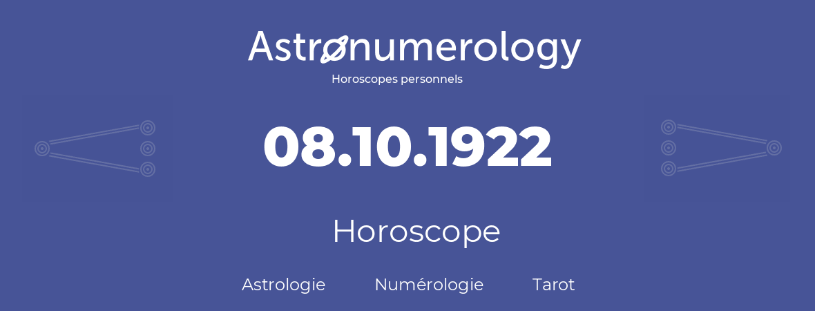 Horoscope pour anniversaire (jour de naissance): 08.10.1922 (08 Octobre 1922)