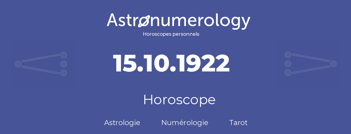 Horoscope pour anniversaire (jour de naissance): 15.10.1922 (15 Octobre 1922)