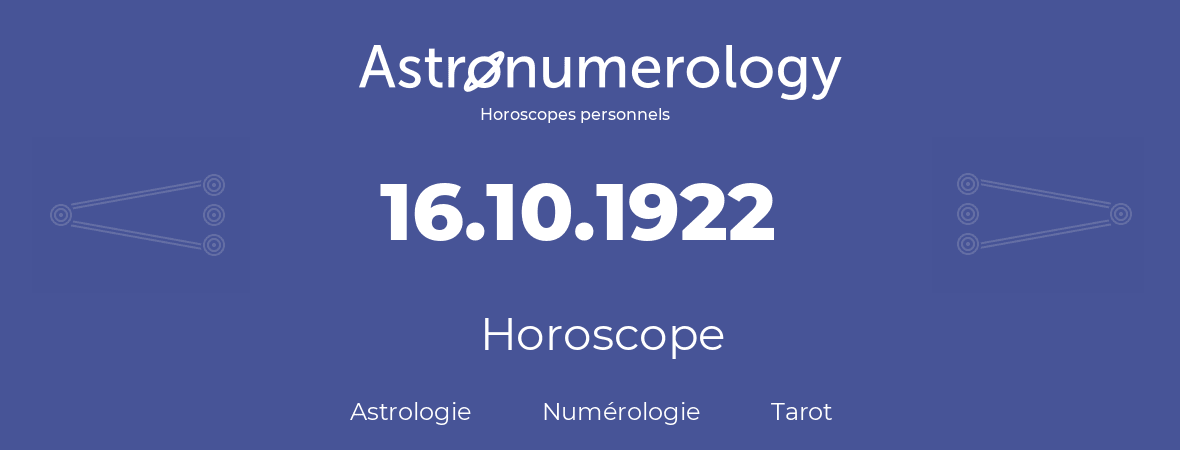 Horoscope pour anniversaire (jour de naissance): 16.10.1922 (16 Octobre 1922)