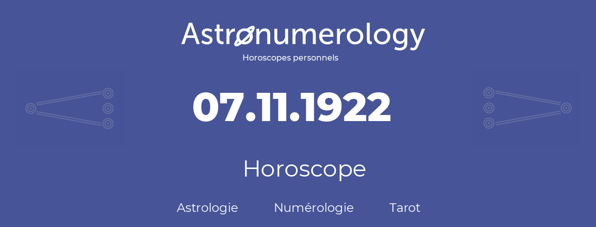 Horoscope pour anniversaire (jour de naissance): 07.11.1922 (7 Novembre 1922)