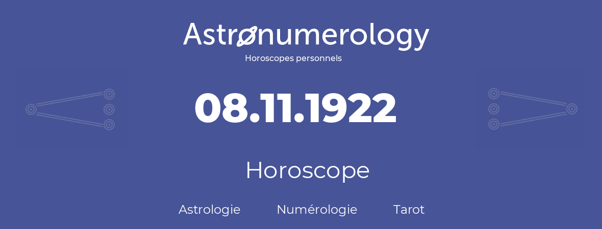 Horoscope pour anniversaire (jour de naissance): 08.11.1922 (8 Novembre 1922)