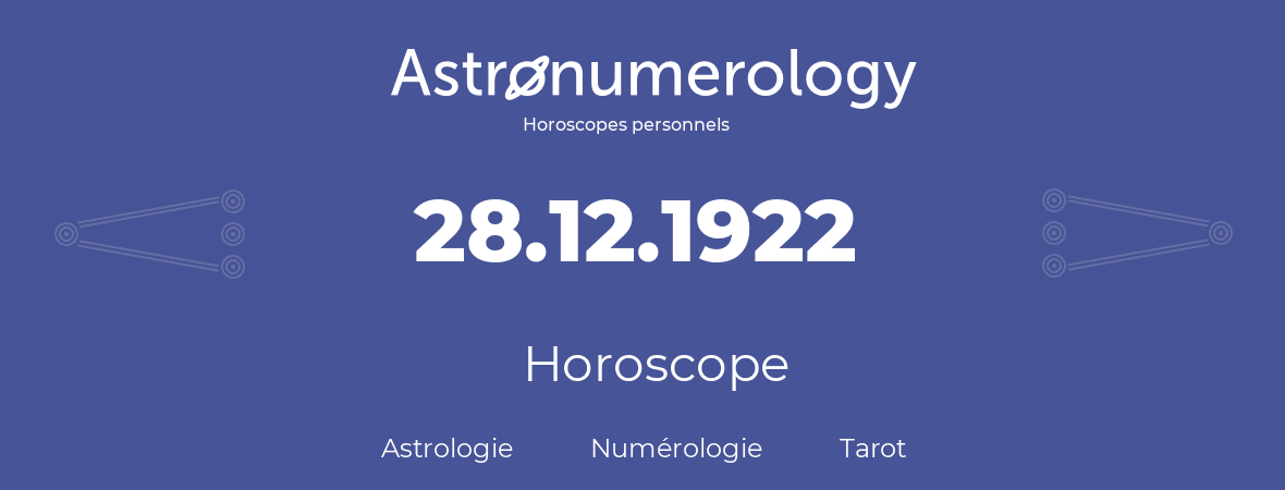 Horoscope pour anniversaire (jour de naissance): 28.12.1922 (28 Décembre 1922)