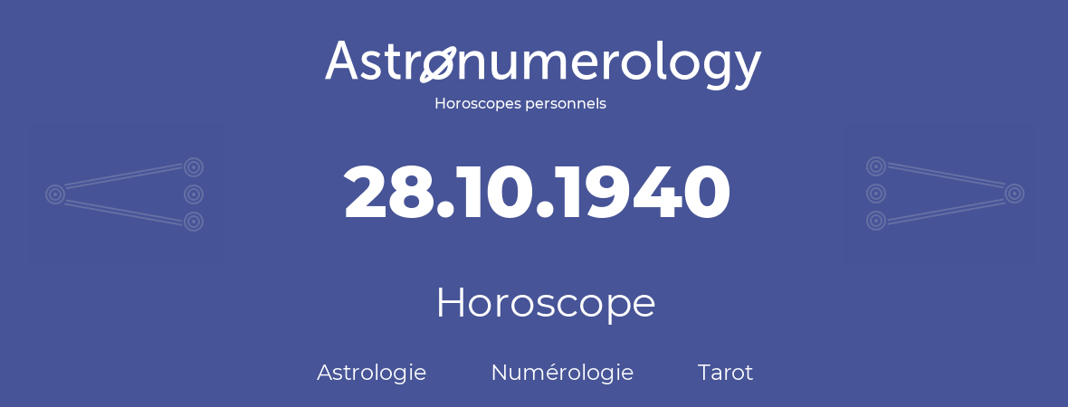 Horoscope pour anniversaire (jour de naissance): 28.10.1940 (28 Octobre 1940)